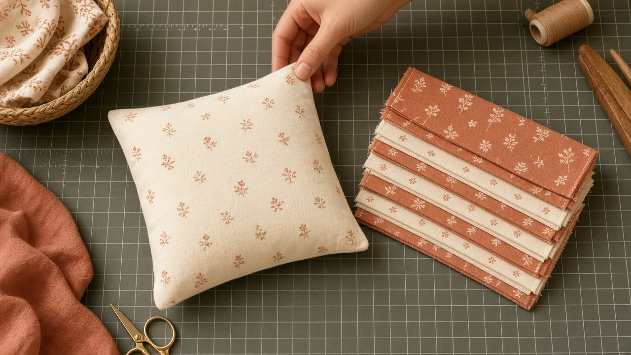 A small 12 inch square pillowcase beside short fabric strips on a cutting mat