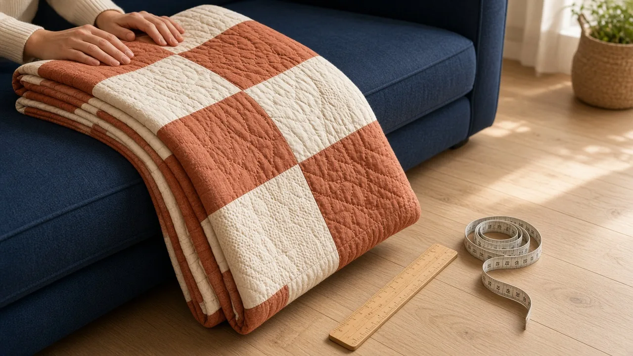 An adult lap quilt in terracotta and cream cotton draped on a navy sofa beside a wooden quilting ruler