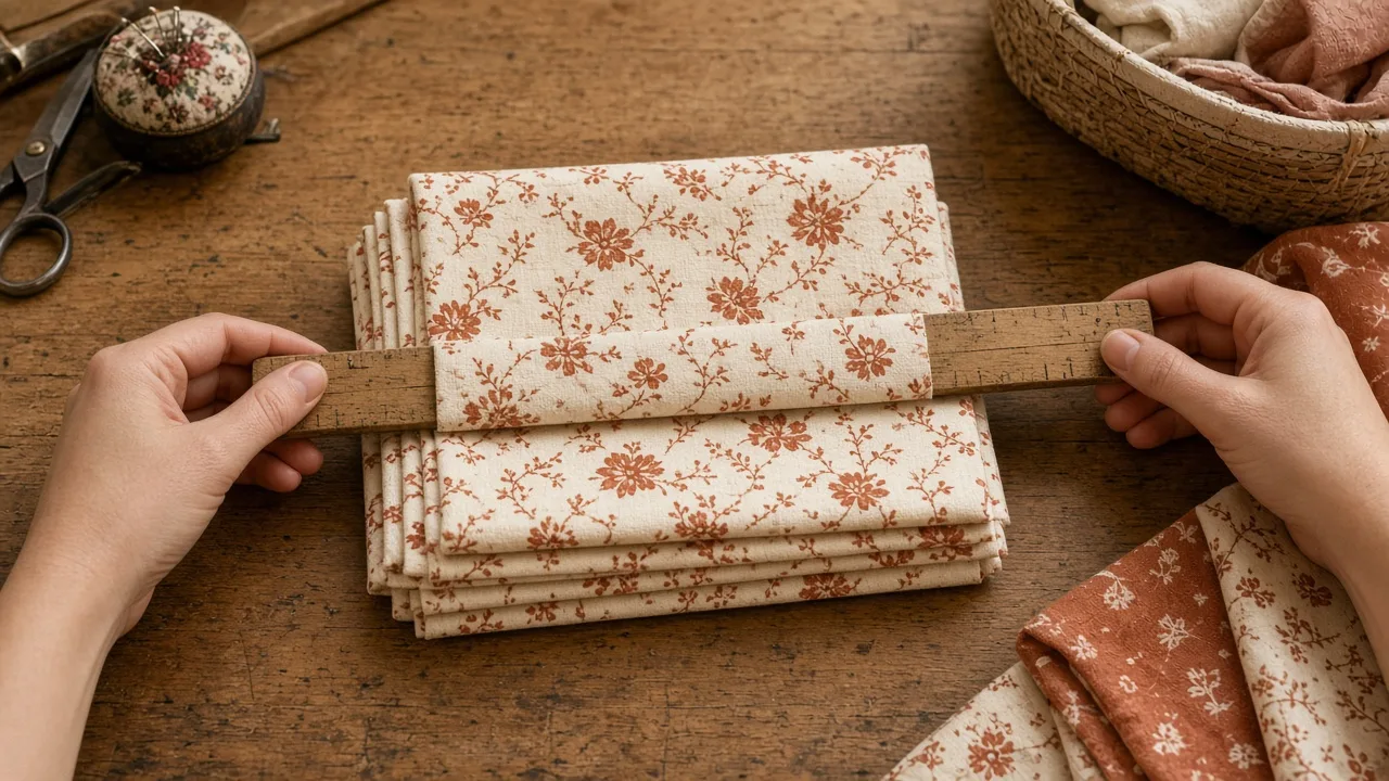 Quarter yard of fabric against a yardstick How many inches is a quarter yard: quilting cotton measured against a wooden yardstick on a cutting table