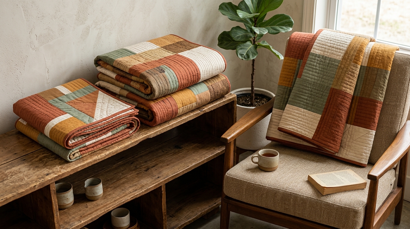 Master Lap Quilt Sizing & Proportions Infographic Three folded handmade modern lap quilts in wheelchair, couch throw, and oversized adult dimensions on wooden display and armchair