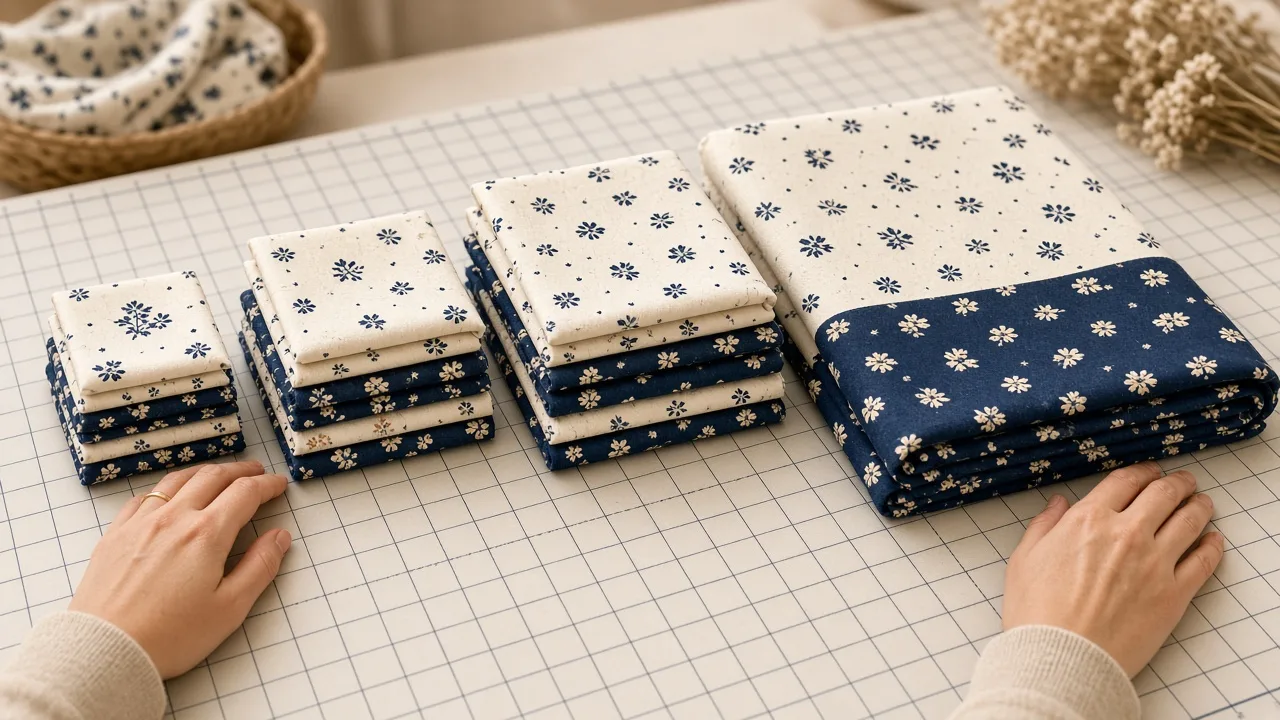 Eighth, quarter, half, and three-quarter yard fabric stacks Four stacks of quilting cotton showing eighth, quarter, half, and fuller yard lengths on a cutting mat