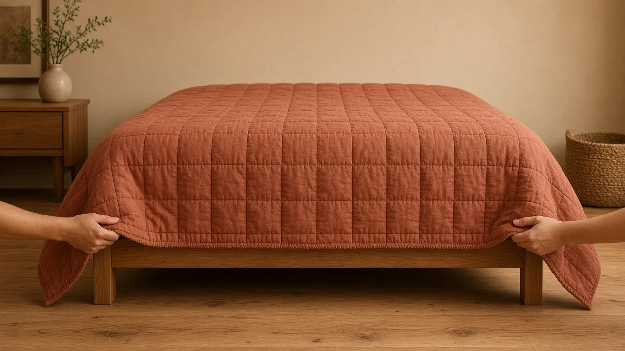 A quilt dropped over the side of a queen mattress, showing the hanging edge above an oak floor