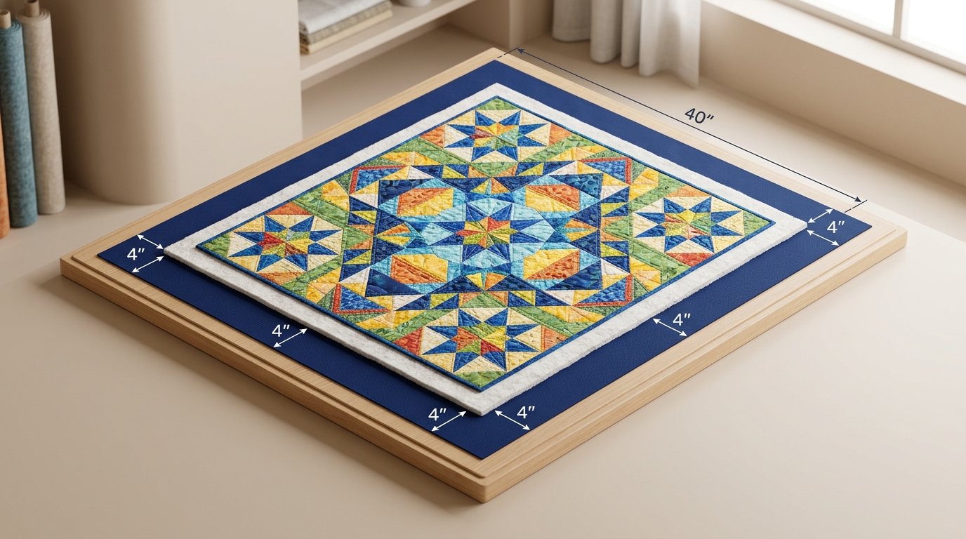 Quilt Backing Overage & Clamping Margin Blueprint 3D isometric technical diagram of three-layer quilt sandwich with patchwork top, batting, and navy backing extended by 4-inch overage margins