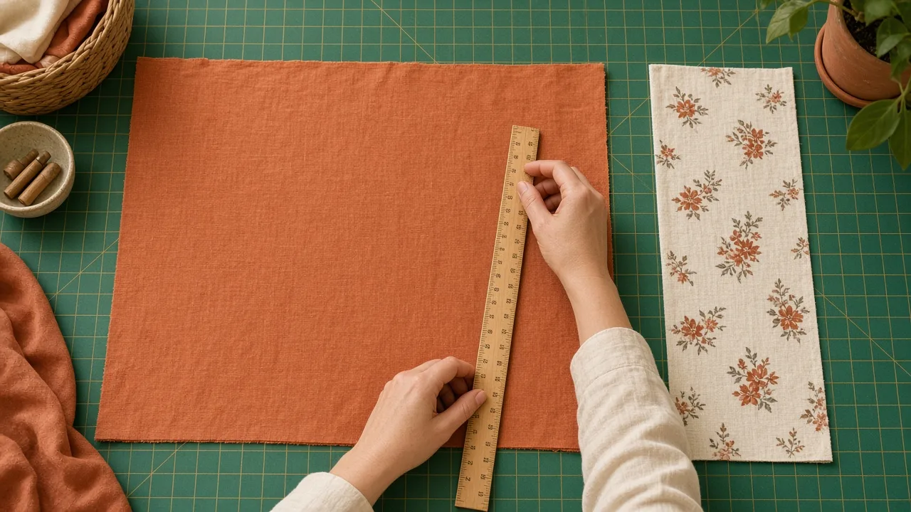 A standard pillowcase body and narrower cuff strip laid on a cutting mat with a wooden ruler