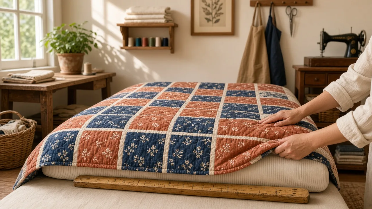What size is a queen quilt: a cotton quilt on a queen bed with the edge hanging past the mattress