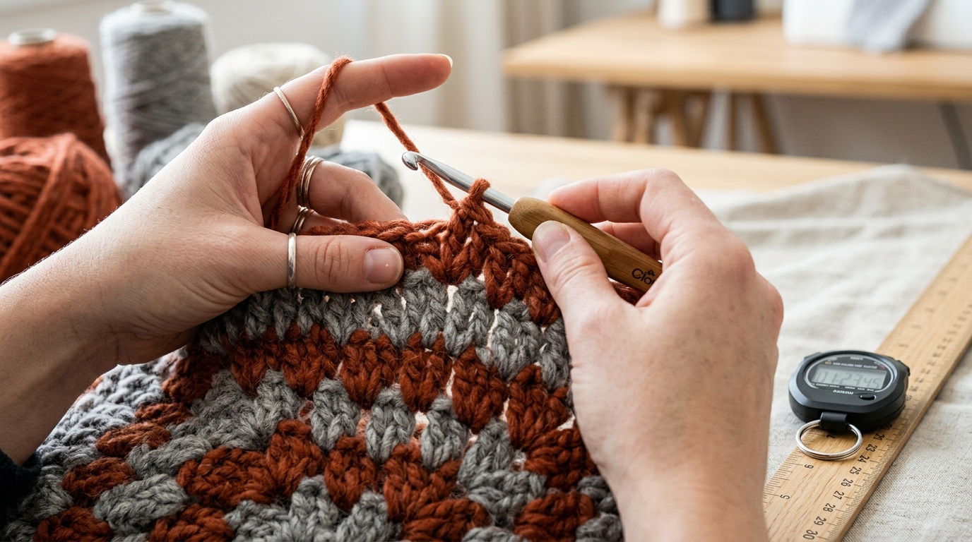 Fastest Crochet Blanket Stitches Speed Trials High-detail macro stitch speed trials featuring double crochet V-stitch and granny stripe clusters with stopwatch and measuring ruler