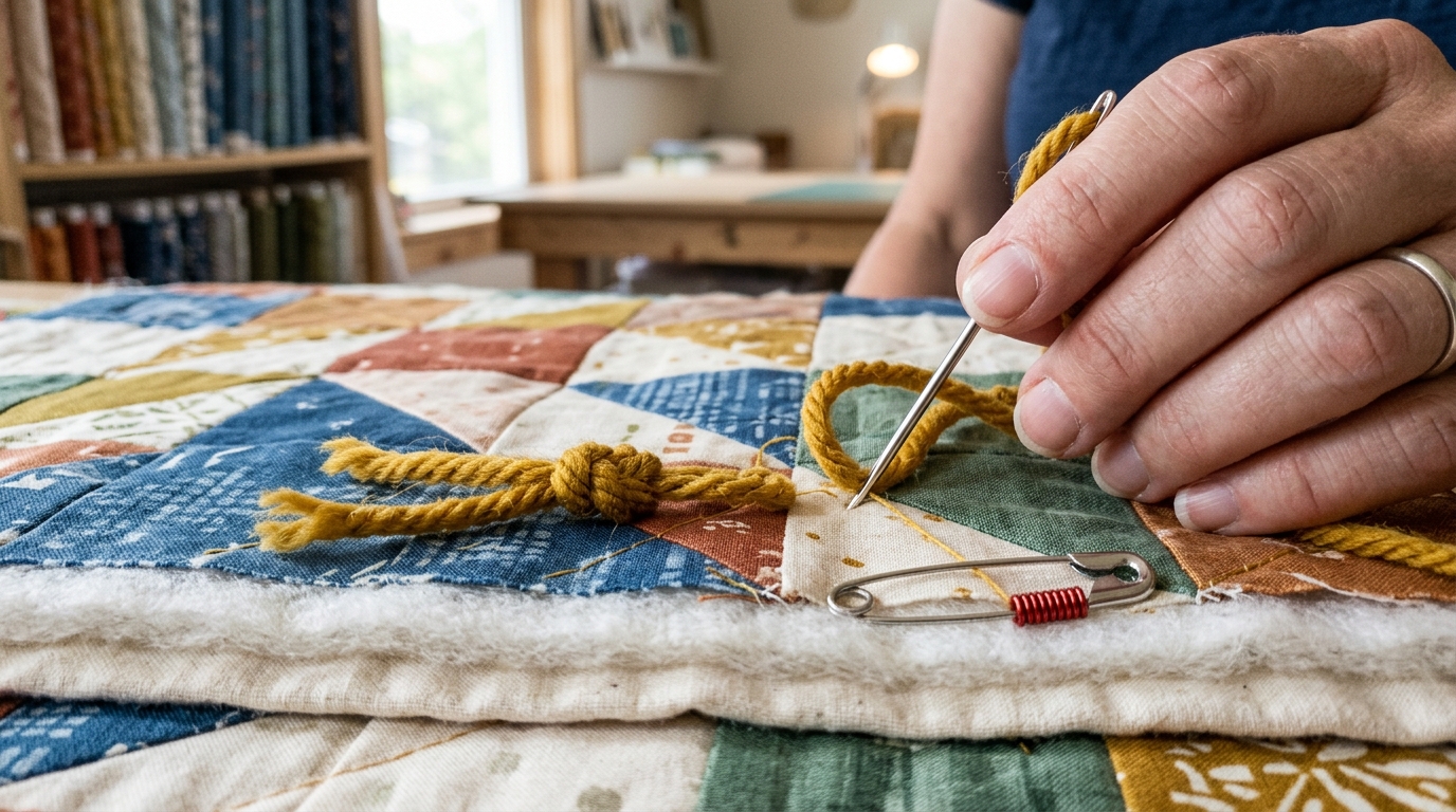 Macro close-up studio photograph of hand-tying a quilt sandwich using a curved tapestry needle with mustard worsted yarn and a secure double surgeon's knot