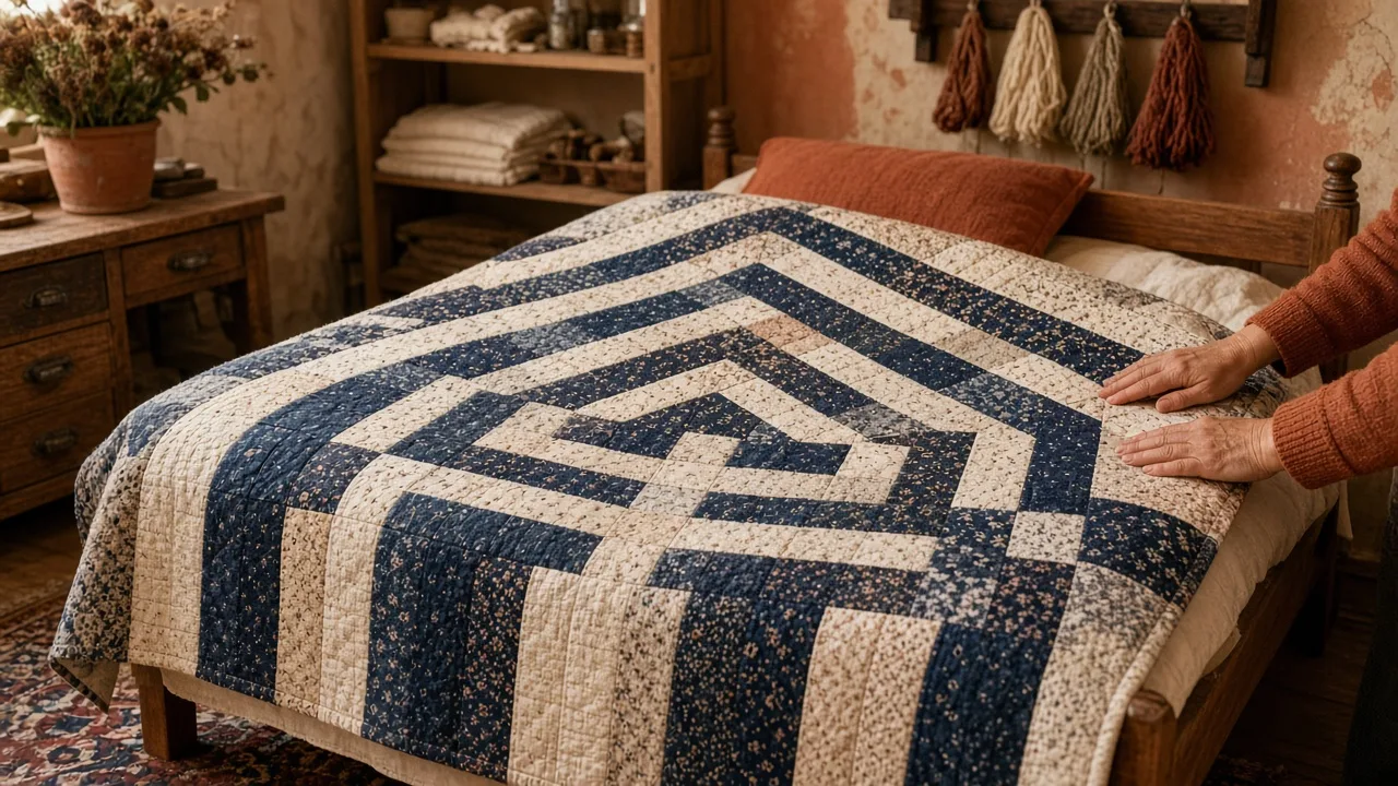 Barn raising log cabin quilt layout A log cabin quilt in a barn raising layout with light and dark diamonds radiating from the center