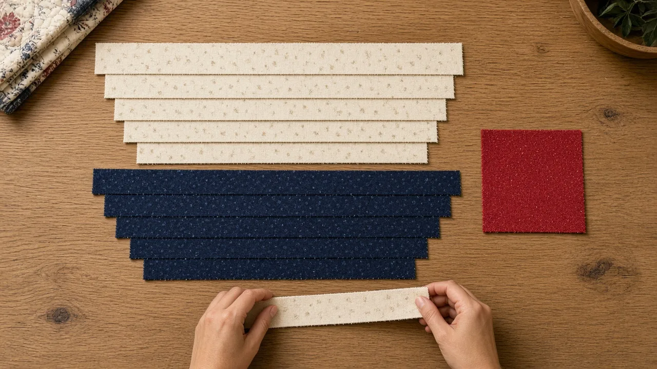 Log cabin quilt cutting strips Light and dark cotton strips cut for a log cabin quilt pattern beside a small red center square