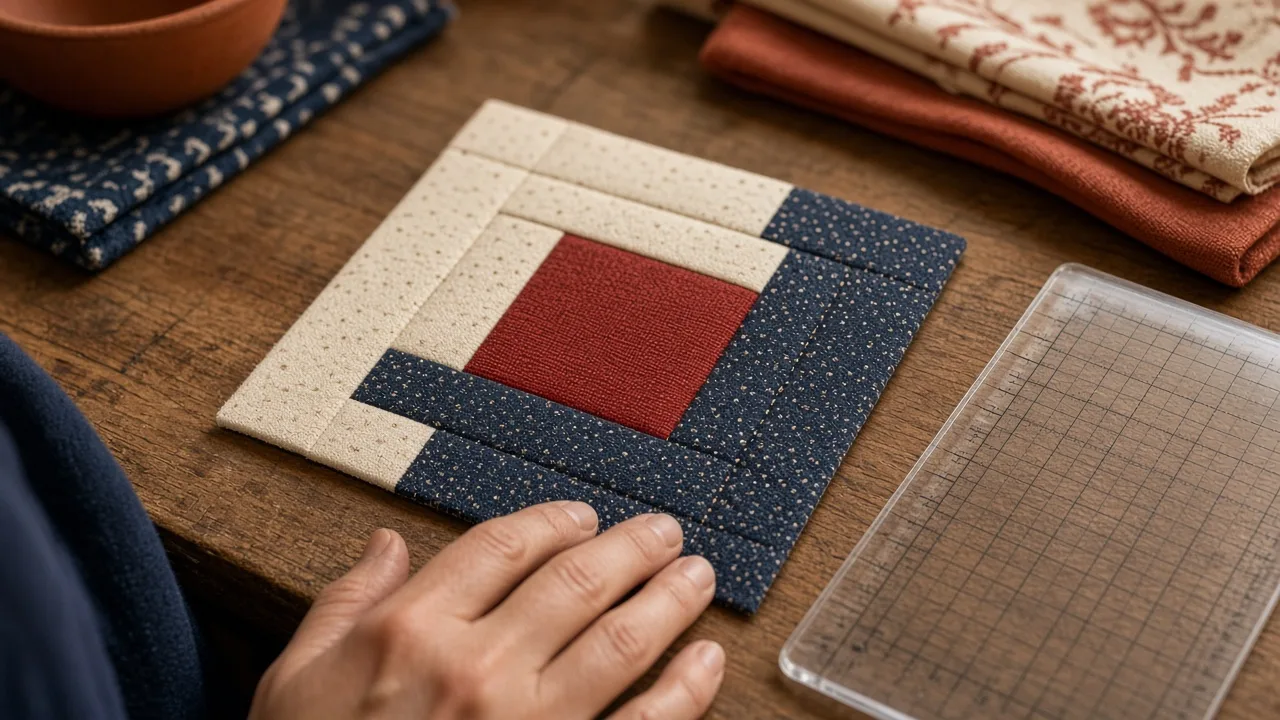 Log cabin quilt pattern block A log cabin quilt pattern block with a red center, cream logs on two sides, and navy logs on the other two