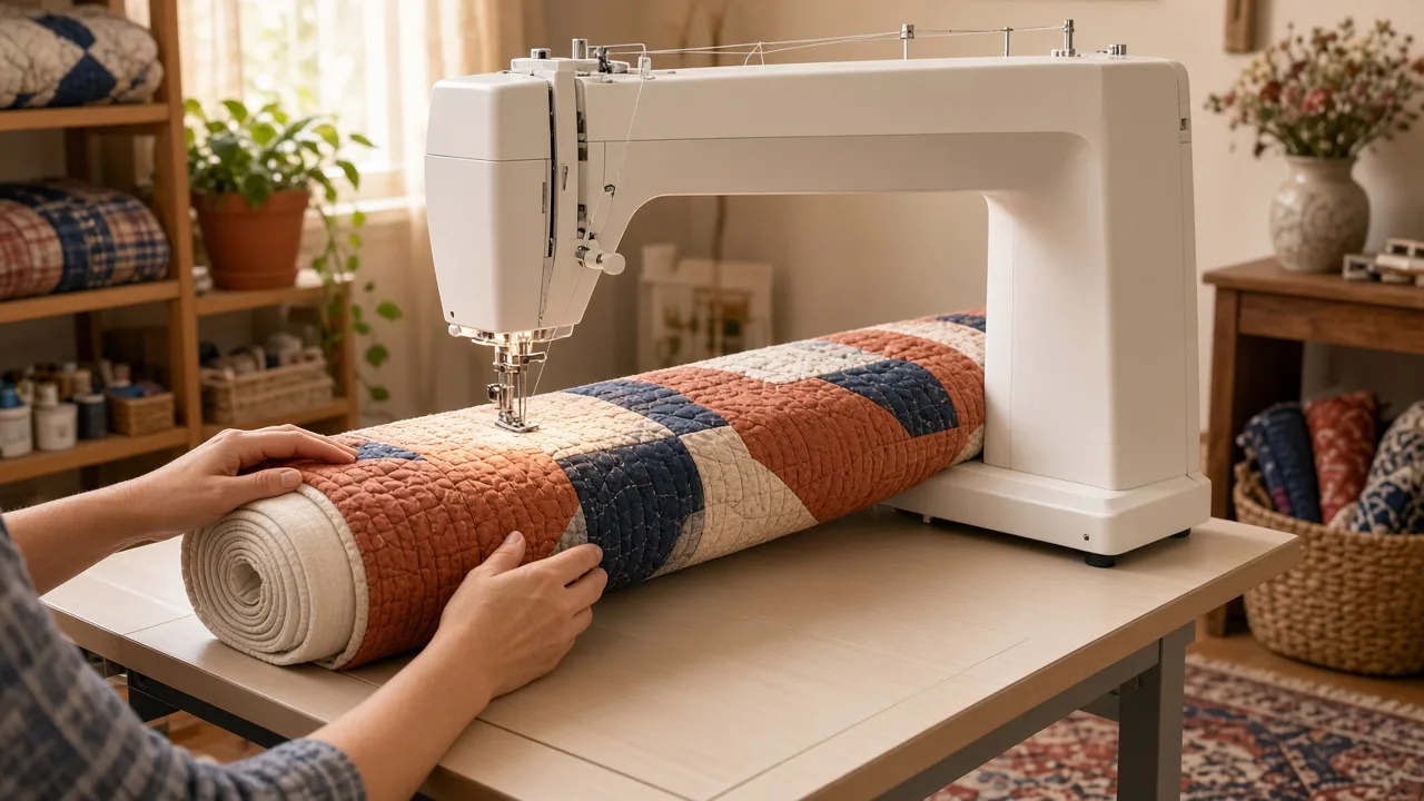 A straight-stitch quilting machine with a wide harp and a rolled cotton quilt passing through the arm