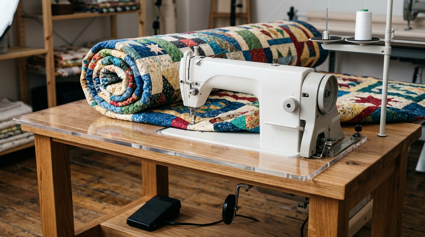 Large Throat Quilting Machine Workspace & Harp Clearance Product photography of semi-industrial large throat sewing machine with king size rolled patchwork quilt gliding through 9-inch throat clearance onto acrylic extension table
