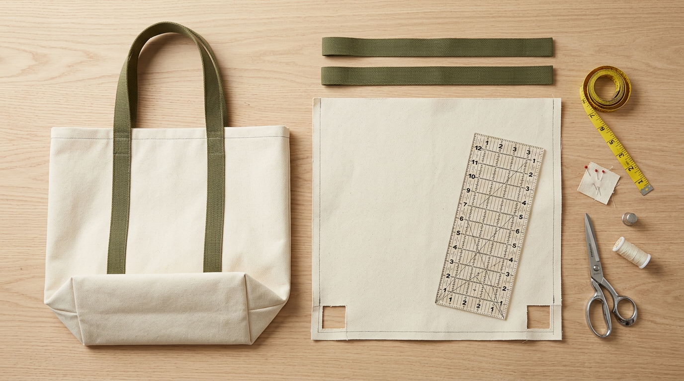Flat Bottom Tote Bag Boxed Corner Cutting Blueprint Overhead flatlay photography of sewing a canvas flat bottom tote bag showing finished structured tote bag with wide boxed flat base next to cut exterior panels with square corner cutouts