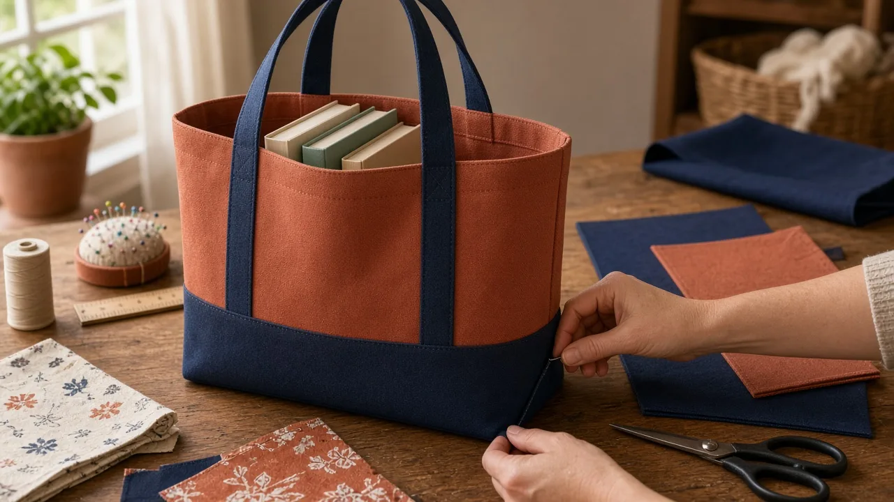 A structured canvas tote with a flat boxed base standing on a sewing table with paperbacks inside