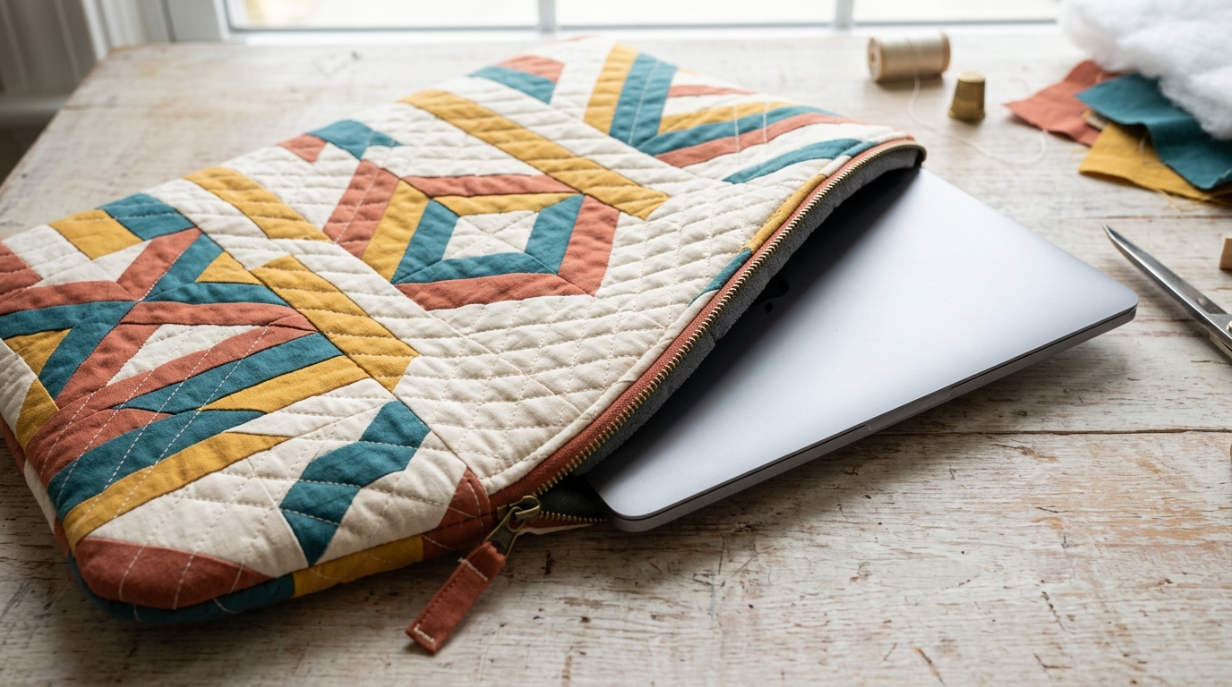 Patchwork Zippered Laptop Sleeve Design Blueprint Product flatlay of completed padded patchwork zippered laptop sleeve with silver laptop sliding into top opening showing geometric pieced strips and diamond quilted stitches